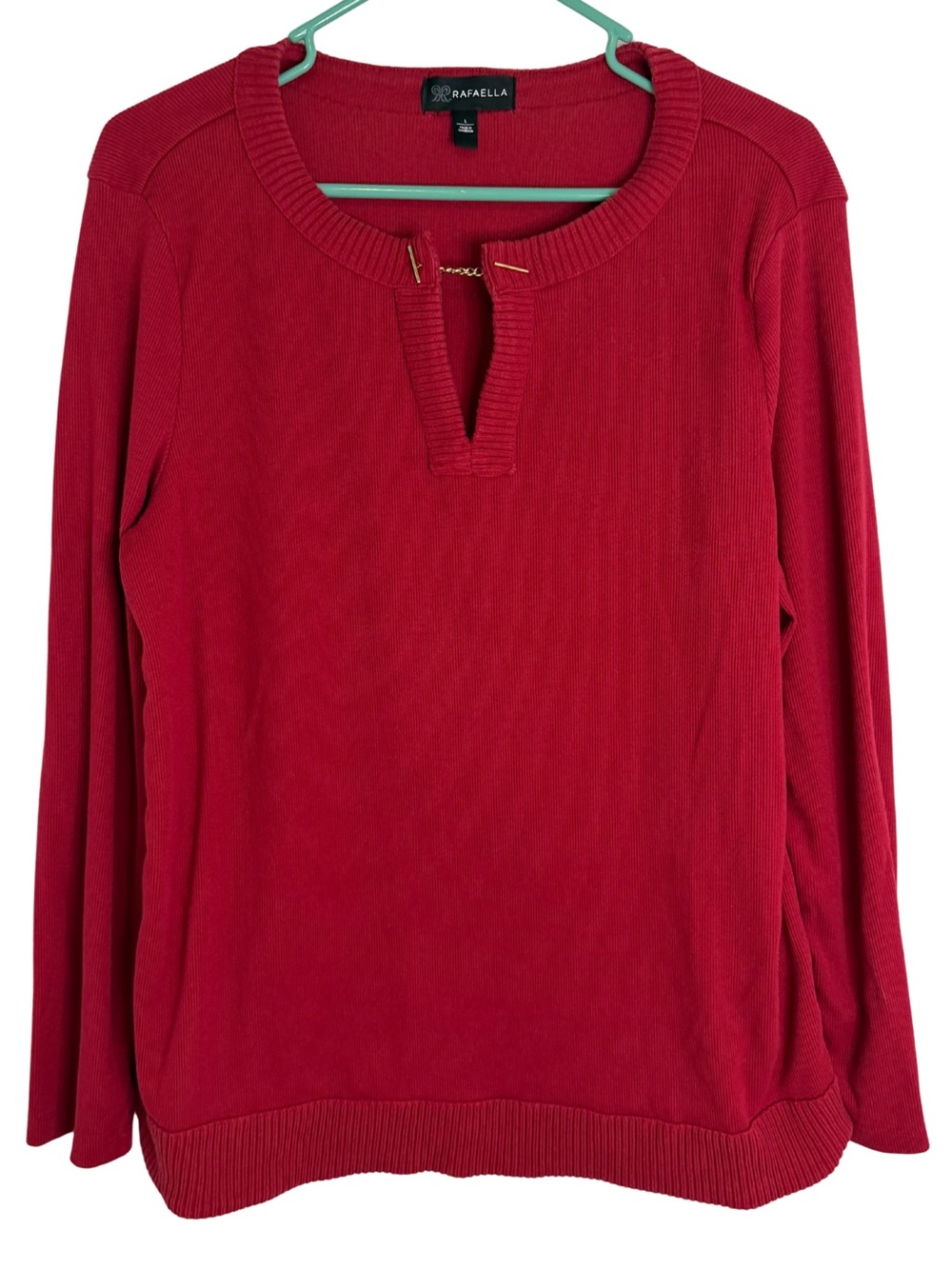 3/$20 Rafaella Red Notch-Neck Long Sleeve Ribbed Knit Top